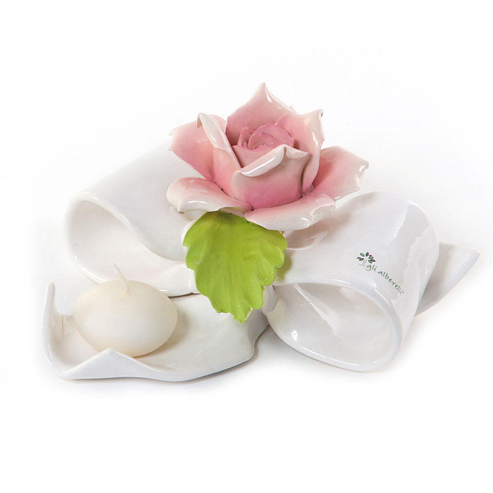 Portacandele fiocco di colore bianco con Rosa-Gli Alberelli-8x8x17cm-Romanelli Eventi