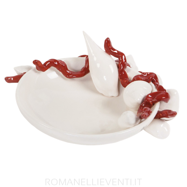 Piatto piccolo bianco con decoro di conchiglie e corallo cm Ø 22-Gli Alberelli-Romanelli Eventi